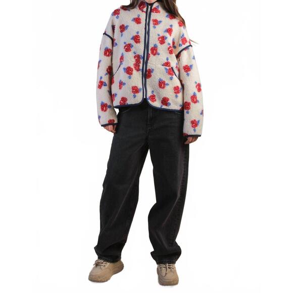 NEW VERY J floral printed fleece sherpa jacket in white - Picture 4 of 4